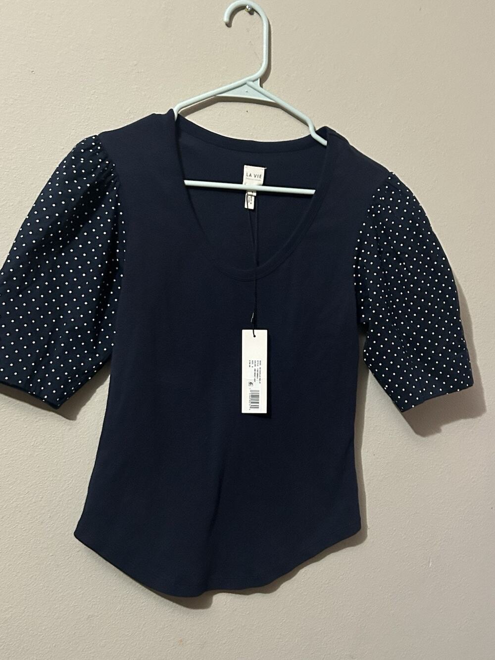 La Vie Rebecca Taylor Navy Polka Dot V-Neck Short Sleeve Pullover Blouse S NWT